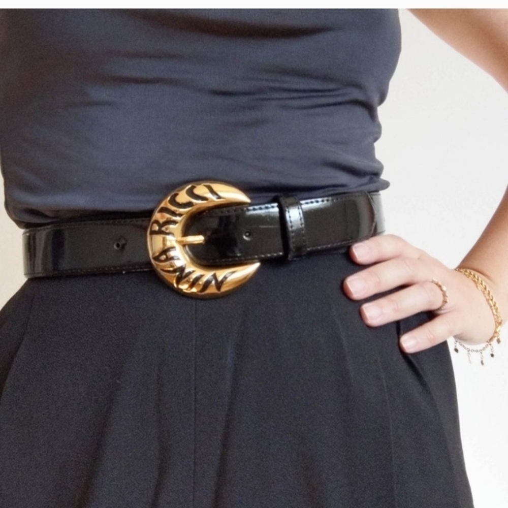 NINA RICCI Logo Gold Buckle Black Belt